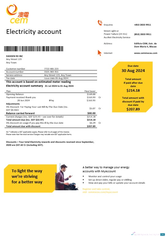 Download Macau CEM electricity business utility bill Word and PDF template Photoshop template